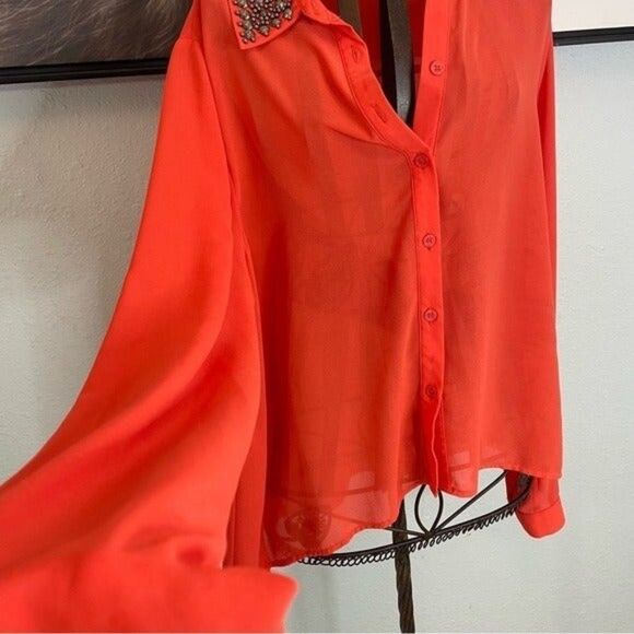 Nordstrom Red Button Down Shirt with Embellished Collar - Picture 5 of 5